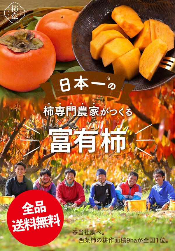 日本一の柿専門農家がつくるこだわりの西条柿。西条柿は全品送料無料。2020年11月より発送開始予定。