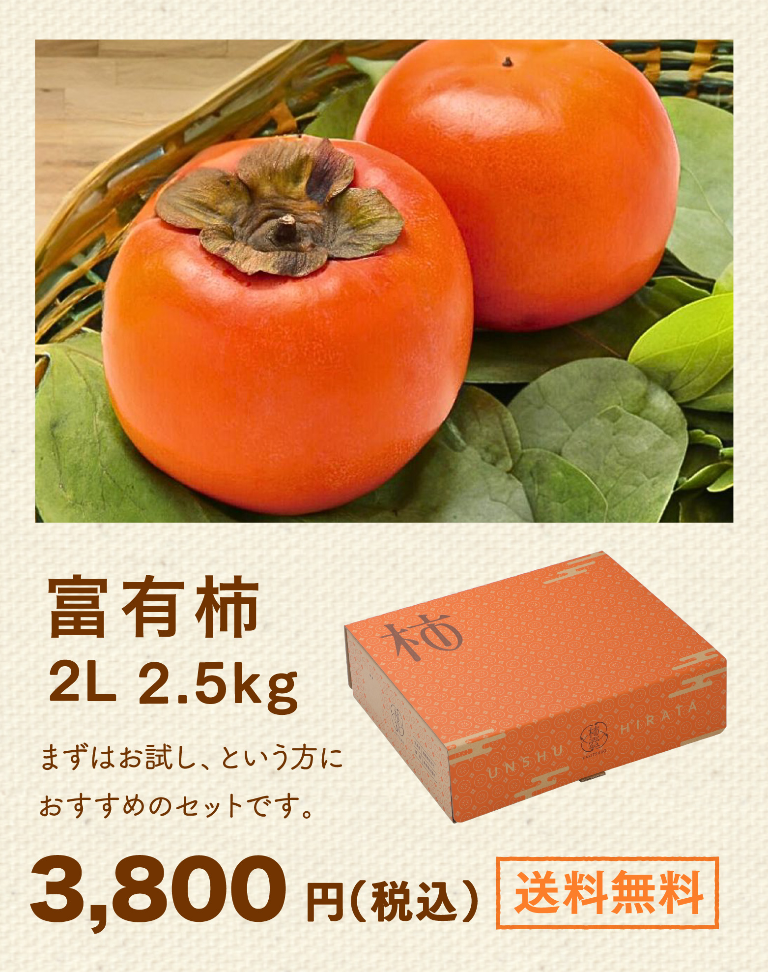 富有柿2L 2.5kg。まずはお試し、という方におすすめのセットです。3,800円（税込）。送料無料。