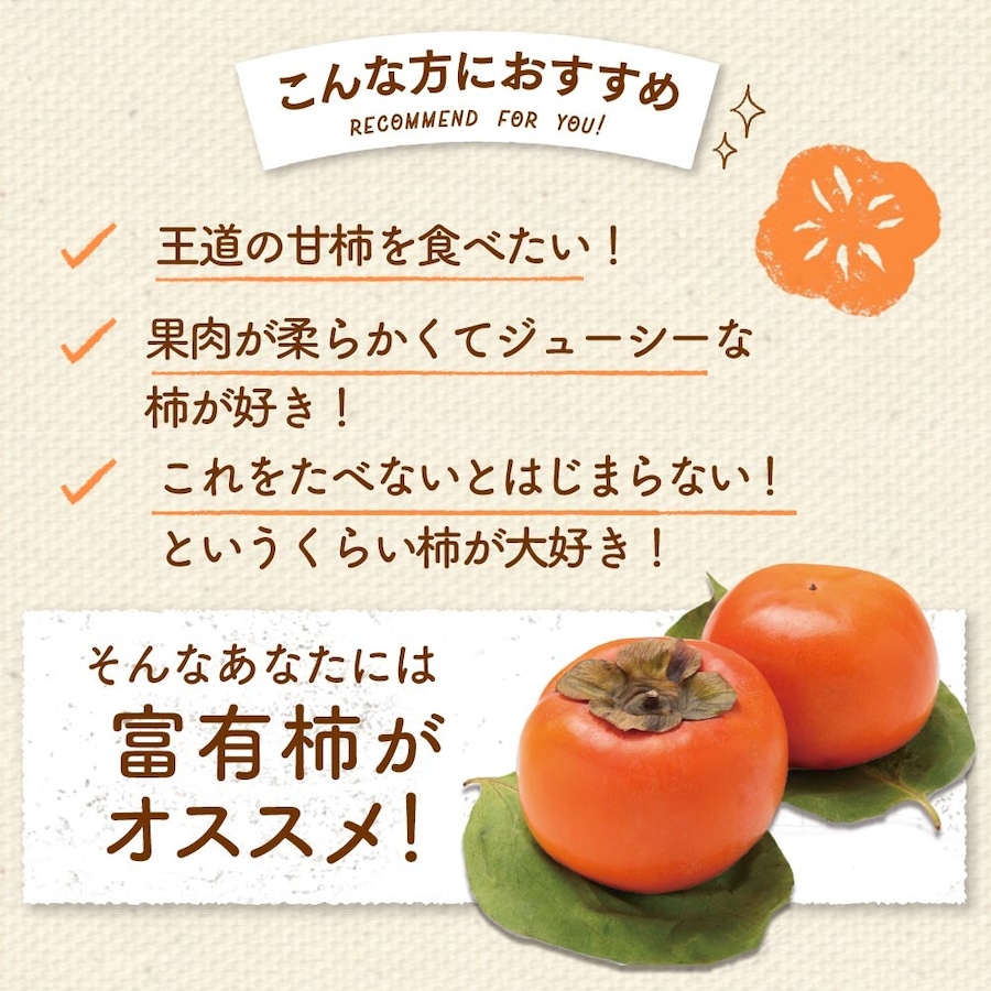こんな方にオススメ。王道の甘柿を食べたい、果肉が柔らかくジューシー、これをたべないとはじまらないというくらい柿が大好き。